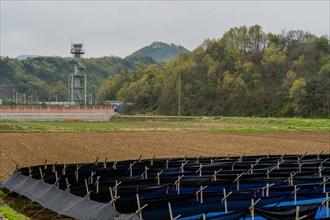 Natural gas vent stack tower at supply station in rural community of South Korea