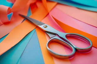 Scissors lying on colorful paper sheets. KI generiert, generiert, AI generated