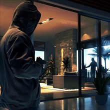 A masked burglar watches a person in a luxurious villa in the evening, burglary, burglar, home