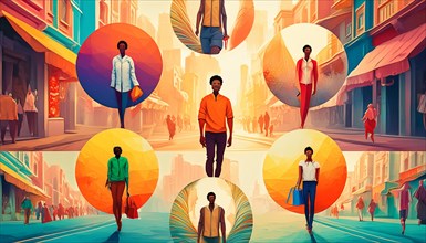 Surreal digital artwork of figures walking on an urban street within colorful abstract circles, AI
