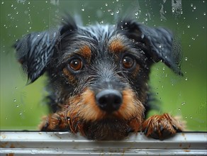 Bad weather, dog and cat looking sadly outside through a rainy window pane, AI generated