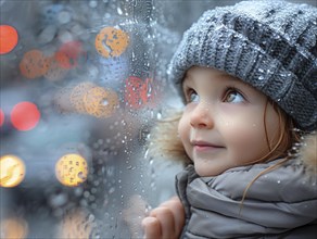 Bad weather, child looks sadly outside through a rainy window pane, AI generated