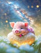 Whimsical image of a piglet with sparkling lights in a dreamy, enchanted meadow, AI generated