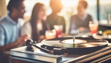 An intimate social event with a group of people around a turntable playing a vinyl record, AI