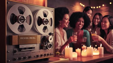 Group of friends chat drink in the background with close-up of an old reel to reel tape recorder ai