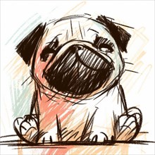Sketch of a cheerful, cute pug sitting and looking forward, AI generated