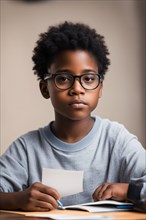 Focused boy with glasses writing on a piece of paper, AI generated