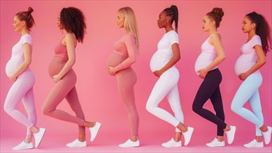 A group of pregnant women are standing in a line, with each woman wearing a different colored