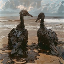 Two oil-smeared Birds gaze at each other on a polluted beach under a dramatic sky, AI generated