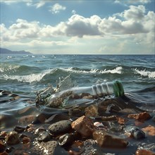 Plastic bottle floating in the sea near the rocky shore, waves in the background, pollution,