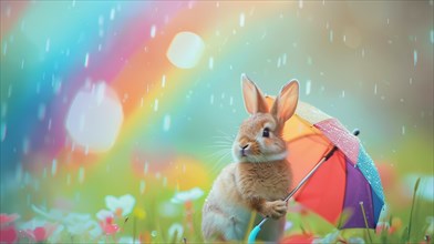 A tranquil rabbit experiencing the refreshing rain under an umbrella in a dreamlike meadow, AI