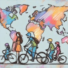 Colorful sketch of people on foot and on bicycles over a stylized world map, AI generated