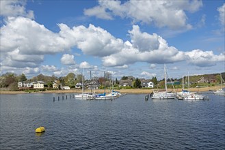 Clouds, houses, marina, Lindaunis, Schlei, Schleswig-Holstein, Germany, Europe