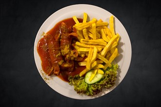 Currywurst with chips on a dark background, Franconia, Bavaria, Germany, Europe