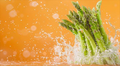 A bunch of fresh asparagus are falling into a pool of water. Concept of organic and healthy diet,