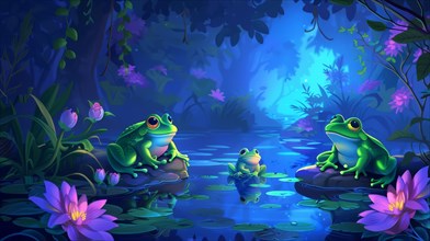 Two animated frogs on lily pads in a serene moonlit water scene with purple flowers, AI generated