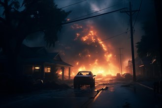 A car is driving down a street with a fire in the background. Scene is tense and chaotic, AI
