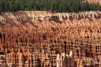 Red rock formations and rock pillars under a clear blue sky, Bryce Canyon National Park, North