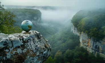 Earth globe balanced on a rock ledge overlooking a misty forest gorge AI generated
