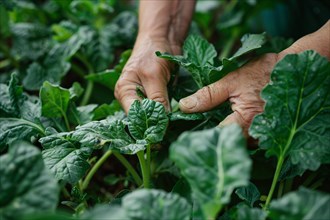 Hands harvesting salad in vegetable garden. KI generiert, generiert, AI generated