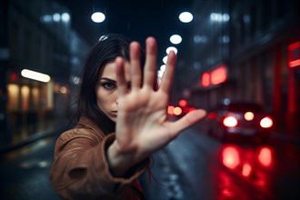 Woman holding up hand in defensive pose in dark city street at night. KI generiert, generiert, AI