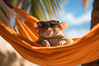 Cute pet mouse with sunglasses in hammock. KI generiert, generiert, AI generated