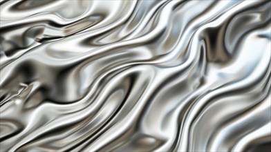 Shiny silver silk fabric with a wavy, metallic texture and undulating appearance, AI generated