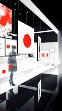 A woman observes a gallery-like modern office space with reflective flooring and red accents,