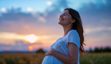 Happy pregnant woman smiling. A concept of motherhood and future family, AI generated