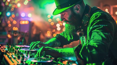 DJ is playing modern electronic music at a popular nightclub, AI generated