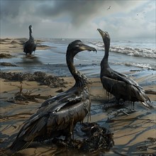 Birds covered in oil on a polluted beach, a bleak picture of environmental destruction, AI