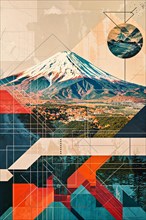 A serene image of the landscape with the majestic Mount Fuji on the horizon, framed by geometric