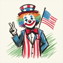 A clown wearing an Uncle Sam hat holds an American flag and makes a peace sign, AI generated