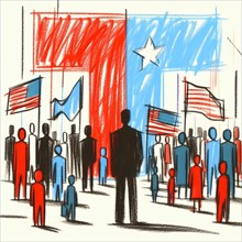 Abstract sketch of people holding flags during a patriotic demonstration, AI generated
