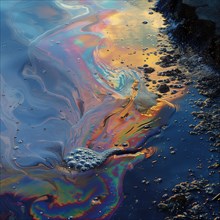 Colourful oil spill on the water surface with iridescent reflections, environmental pollution,