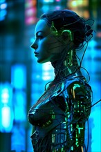 AI generated cybernetic female figure composed of fluid computer code symbolizing artificial