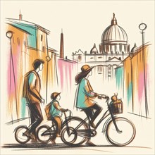An artistic drawing of a family biking in front of a pastel-colored Vatican City, AI generated