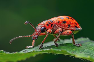 Stylized red giraffe weevil on a green leaf, AI generated
