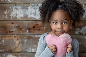 Young black girl child holding pink plush heart. KI generiert, generiert, AI generated