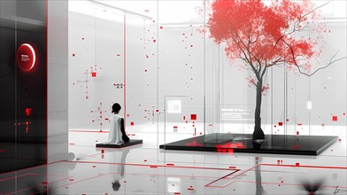 A woman in a futuristic grayscale room with a vibrant red tree and reflections on the floor,