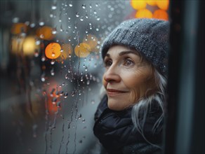 Bad weather, a woman looks sadly outside through a rainy window pane, AI generated