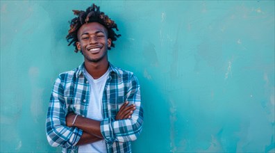 Black young positive man with dreadlocks is smiling and standing in front of the building wall.