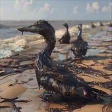 Close-up of an oily Bird on the beach, conveying detail and sadness, AI generated