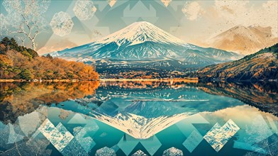A tranquil landscape with the majestic Mount Fuji on the horizon, surrounded by geometric patterns