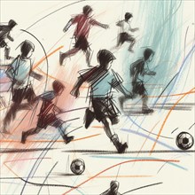 A sketch portraying a blur of movement in a soccer match with multiple players, AI generated