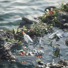 Plastic bottles and waste in a natural body of water illuminated by sunlight, pollution,