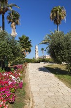 Paving stone footpath and St-Peter's Church through Abrasha Park, Jaffa, Israel, Asia