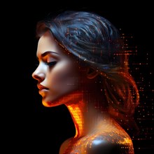 AI generated female human head digitalised in pixel art style presenting a mosaic of vibrant hues