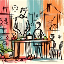 An abstract drawing of a family cooking together in the kitchen with colorful surroundings, AI