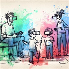 Sketch of a family with virtual reality headsets on, playing games, AI generated
